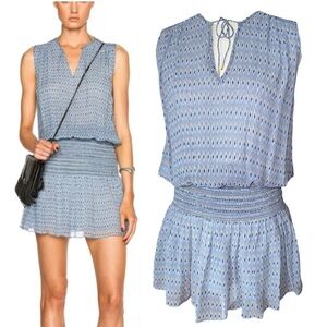 Ulla Johnson Melilla 100% Silk Blue Smocked Print Mini Dress Drop Waist Size 4
